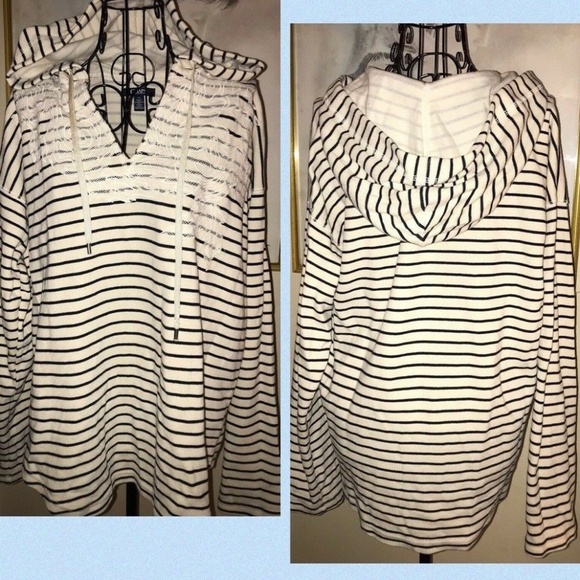 CHAPS NAUTICAL STRIPED HOODED PULLOVER W/LACE~LARG - Picture 1 of 4